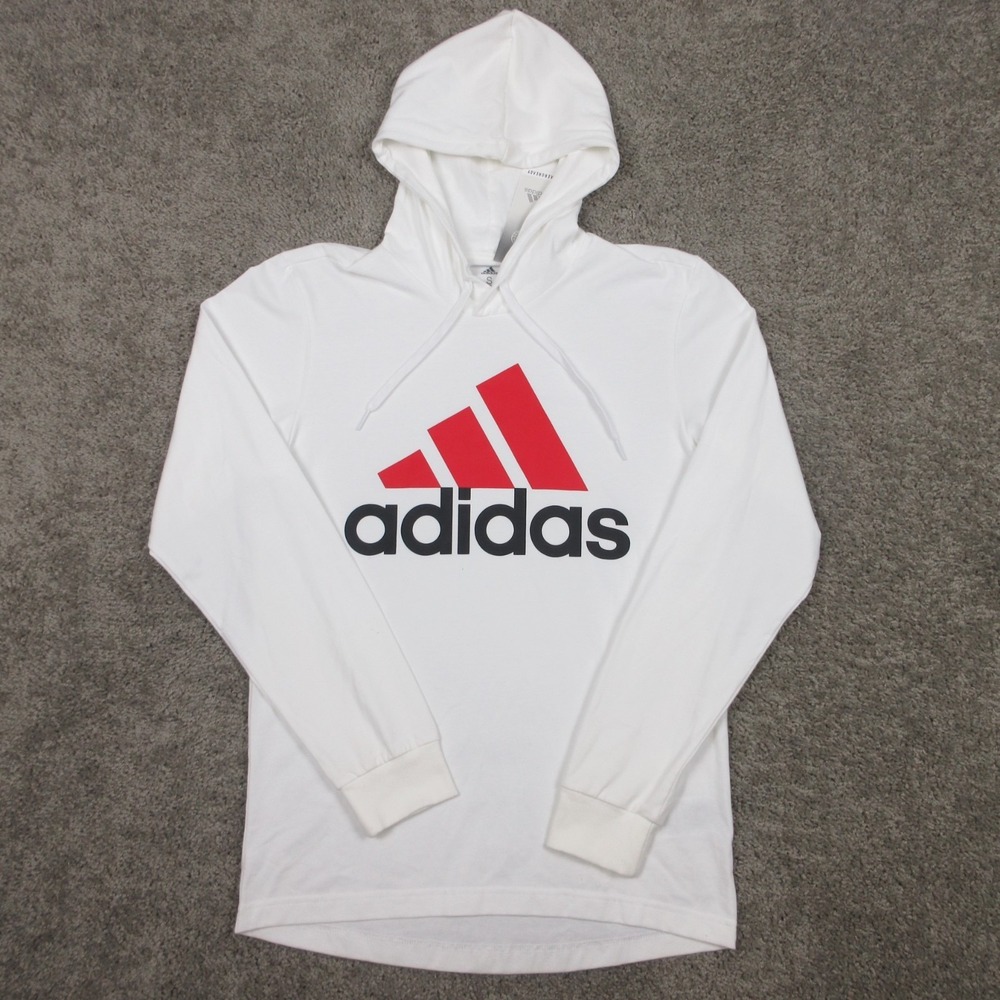 Adidas Sweater Mens Small White Red Logo Lightweight Pullover Hoodie Sweatshirt